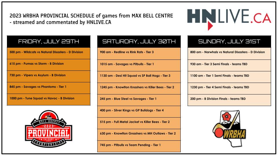Here is the complete schedule of games that will be streamed...and commentated by <a href="/HNLiveCA/">HNLive</a> 

Click on the link to head to their website to watch!
video.hnlive.ca/en/2023-albert… 

@CanBallHockey <a href="/BHEOfficial/">BHE1</a> <a href="/Superleagues/">Superleagues</a> <a href="/CNGBallhockey/">CNG Ballhockey</a> <a href="/ParkBallHockey/">Park Ball Hockey</a> <a href="/GCBHL/">Gas City Ball Hockey</a>
