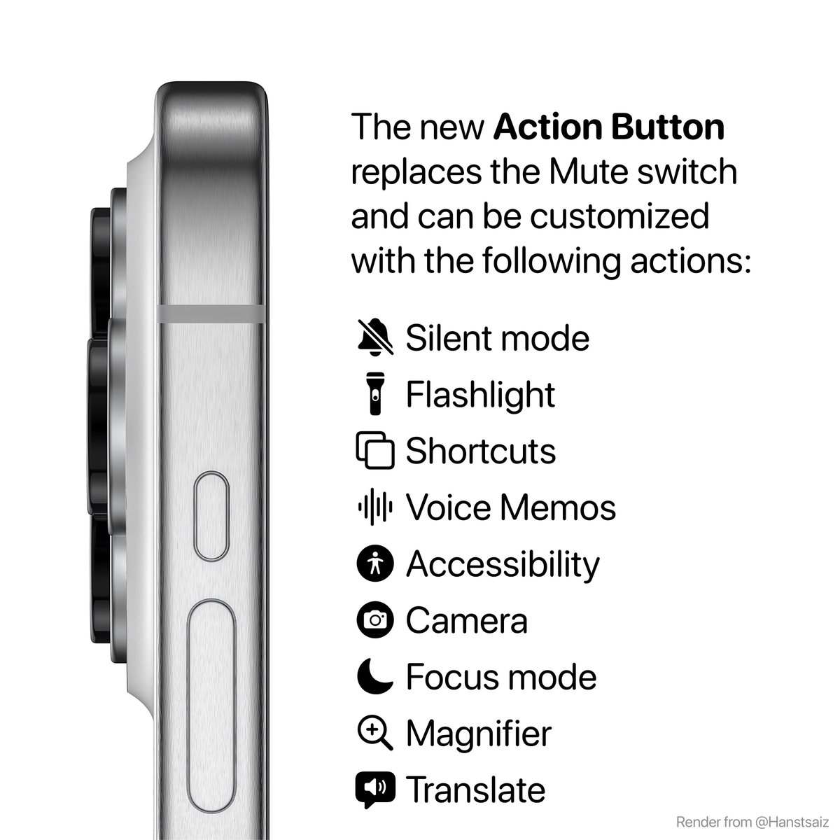 theapplehub's tweet image. The new Action Button on the iPhone 15 Pro can be customized with 9 options found in iOS 17 beta 4 code

The Action Button will replace the Mute Switch 

Source: @MacRumors
