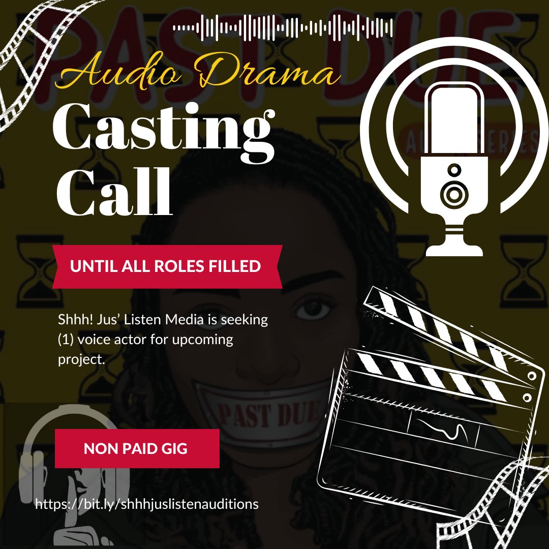 XperienceJ's tweet photo. Seeking (1) Black Woman voice actor for Past Due S2

1. Sharon- funny, nosey, wise. 40s-50s Black Woman. 

Closing Date: When all roles are filled 

Click the link for details and sides! 

https://t.co/XasoE343iS

*Non Paid Opportunity* 

#plsshare #AudioDramaSunday #audiodrama https://t.co/rjHi4SMhF7