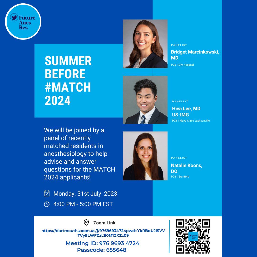 📣 Calling all MATCH 2024 applicants applying to anesthesia 📣
Please join us for a panel featuring recently matched anesthesiology residents on Monday, July 31st at 4pm EST. They will be sharing their advice for applications &amp; interviews. We look forward to seeing you there!