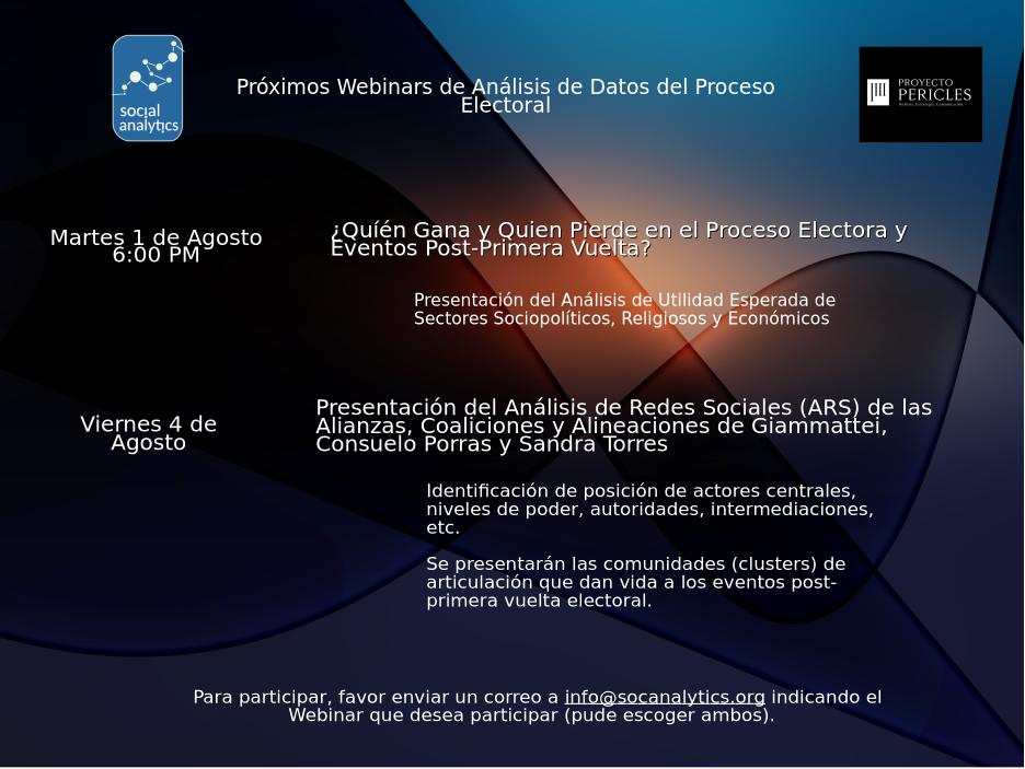 Próximos Webinars sobre datos electorales: a) ganadores y perdedores en la coyuntura electoral actual; b) las redes de Giammattei, Consuelo Porras y Sandra Torres.