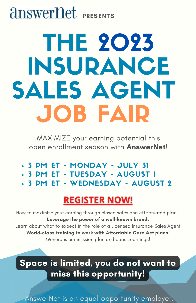 AnswerNet's tweet photo. MAXIMIZE your earning potential this open enrollment season with AnswerNet! Register for the 2023 Insurance Sales Agent Job Fair here: https://t.co/MOrkh4hdOj #jobfair #insurancesales #insurancesalescareers #insurancesalesagent #careers #hiring #openenrollment https://t.co/MQqNI6z4lM