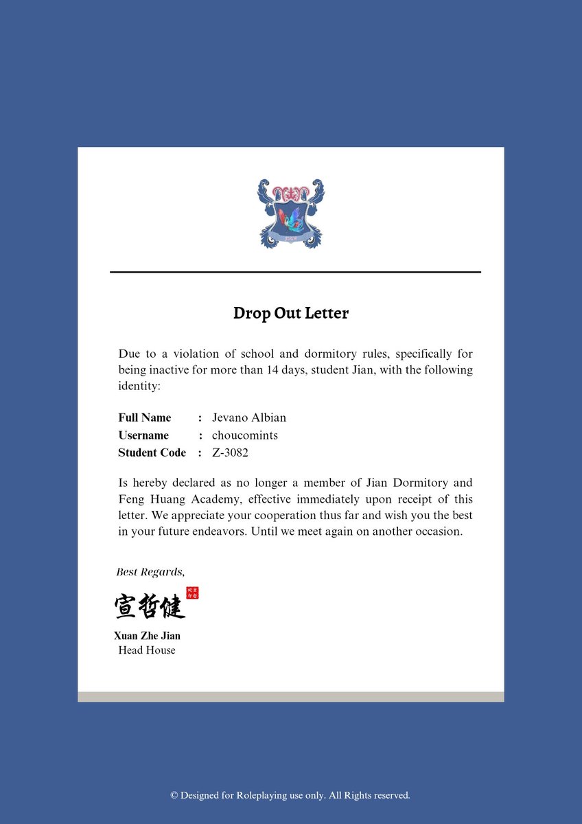 JIANDEJIA's tweet image. ㅤ
2023年07月27日 | Dropped Out

✉️: Jevano Albian (@choucomints)
🪪: Z-3082

Cc. @FH_AdmOffice @Xuan_Laoshi @YangShifu_ @HuangShifu_ @TsuShifu @ZhangLaoshi_ @Shen_Shifu
ㅤ