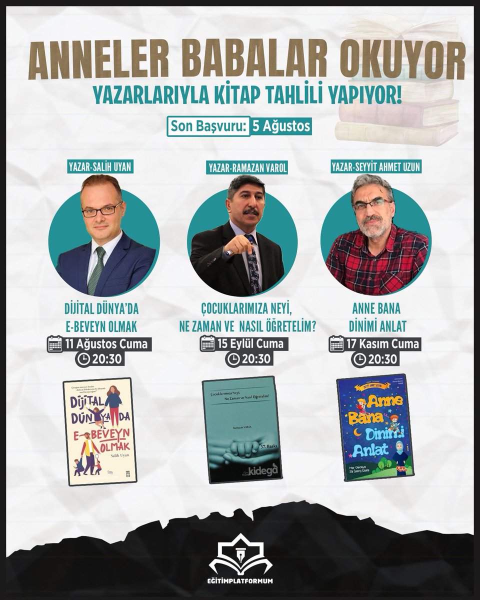 egtmplatformum's tweet photo. 📚 Anneler ve babalar, bu duyurumuz sizin için 👍

▫️Ebeveyn olmanın ve ebeveyn - çocuk ilişkisinin nasılını ve niçinini konuşacağımız kitap tahlillerimize davetlisiniz. 

📌 Başvuru ve detaylı bilgi: https://t.co/0VKfFTH0pi https://t.co/deKMspYeLV