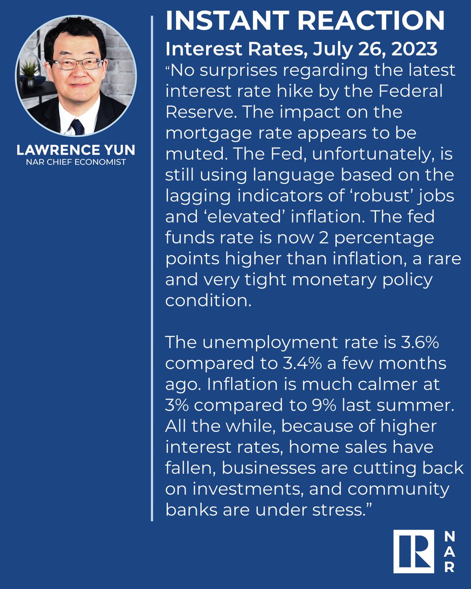 Instant Reaction: Interest Rates, July 26, 2023. "No surprises regarding the latest interest rate hike by the Federal Reserve. The impact on the mortgage rate appears to be muted." spr.ly/6011Pnyi1