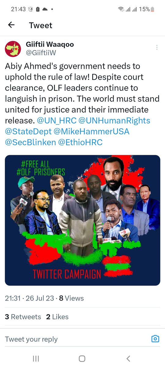 BatteeUrgeessaa's tweet photo. 🔊 @StateDept Act Now! 🔊 The fate of illegally detained OLF leaders in Ethiopia hangs in z balance. We urge z US State Department to use its influence to ensure justice prevails &amp; these leaders r released immediately. @UN_HRC @UNHumanRights @hrw @MikeHammerUSA @SecBlinken https://t.co/xZ3Jf23qwl