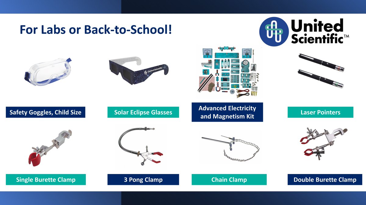 UnitedSci's tweet photo. Can you see these products in your lab or classroom this August? 

#UnitedScientific #Safteygoggles #saftyfirst #eclipse #laserpointers #BuretteClamps #LabClamps #labequipment #scientifictools #backtoschool https://t.co/wao8tc8rVq