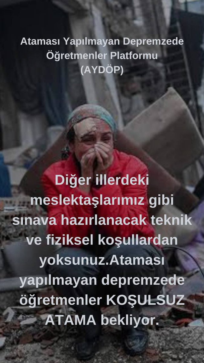 AyseKahraman86's tweet photo. Susma haykır  şartsız atama haktır. 
Şartlar ağır …imkan yok…
@RTErdogan
@Yusuf__Tekin
@MehmetYalcintr
@ErbakanFatih
@aBayraktar1
@ademyesildal 
@HuseyinYayman #DepremzedeÖğretmeneŞartsızKadro https://t.co/MTofBNS7Dd