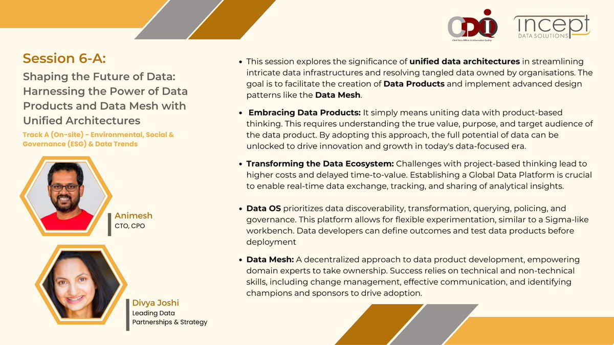 InceptDGAcademy's tweet image. Here’s our key takeaways from Session 6-A where we explored the crucial role of unified #DataArchitectures in simplifying complex data infrastructures, untangling organisational data, and fostering the creation of impactful data products. 
#DataProducts #Datamesh #CDOIQ