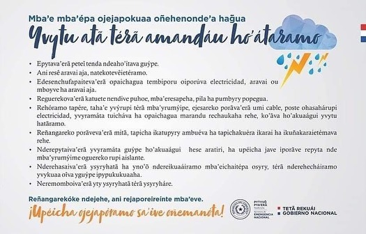 ¡Atención! | Ante alerta meteorológica emitida por <a href="/dmh_paraguay/">Dirección de Meteorología e Hidrología - DMH</a> que anuncia lluvias, vientos fuertes y gradual descenso de temperatura sobre algunos departamentos del país, compartimos las siguientes recomendaciones ⛈️👇🏼
¡Reducir riesgos salva vidas!