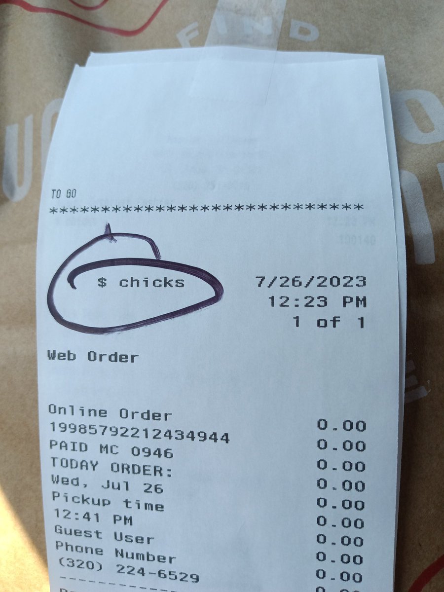 An automated phone lunch order to Noodles interpreted the name "Jake" to "$ chicks." 
🤷