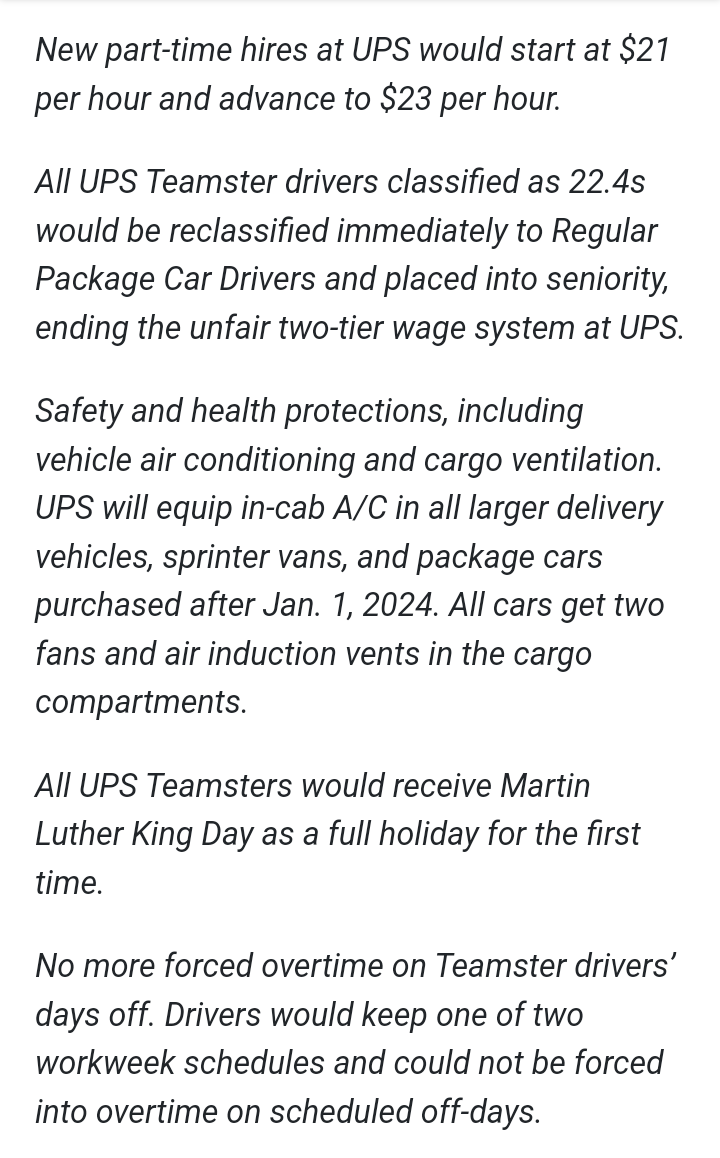 BrJoeBalkis's tweet photo. 7/25 #upsNegotiationsUpdate
On top of that wage increase of $2 a year
On top of that a COLA that keeps up with inflation. Retro pay for former 22.4s
All vehicles purchased starting 8/1 should have AC
Juneteenth a paid holiday!
No forced overtime
We need to #organize the #VoteNo https://t.co/bjpAjFXVd8