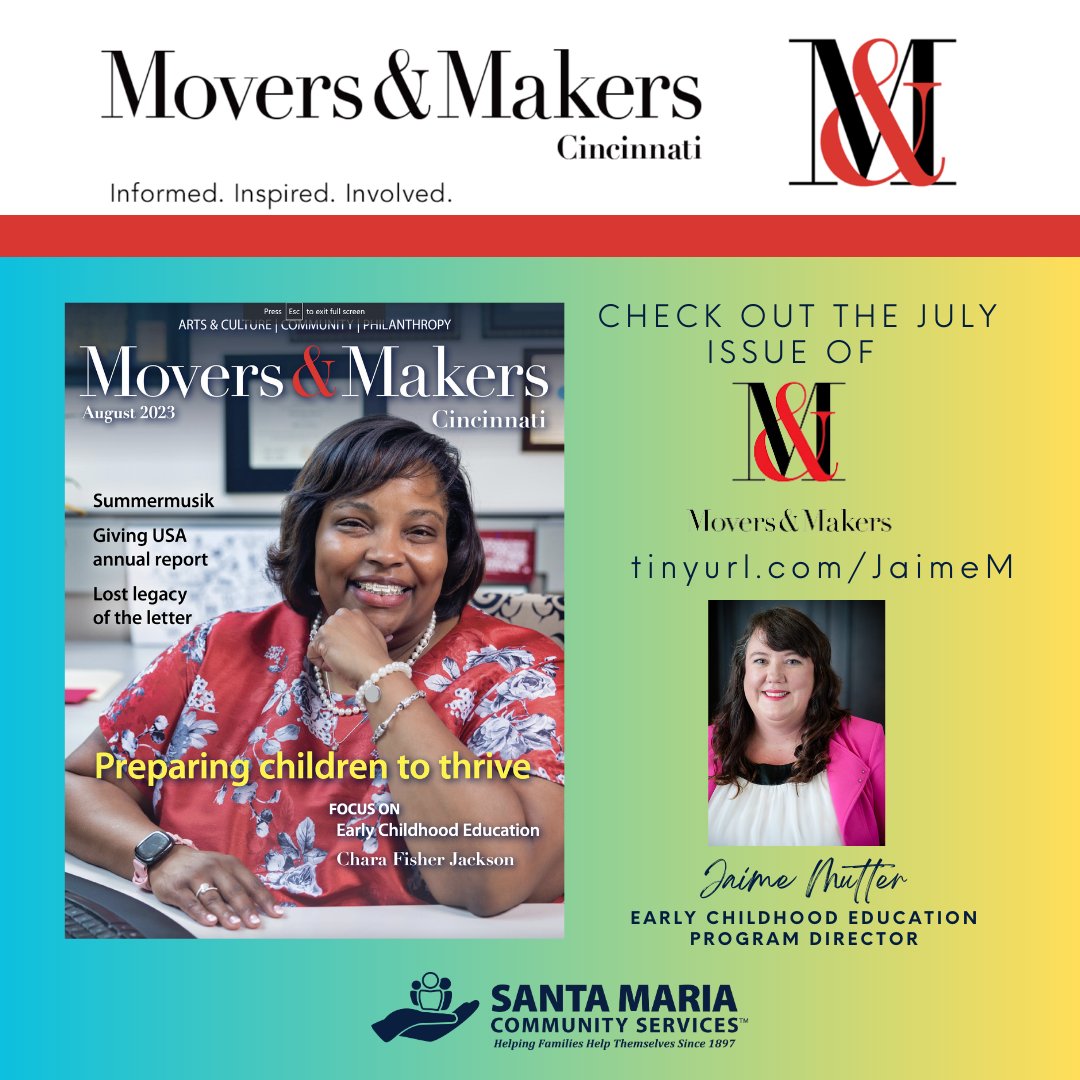 Santa Maria Community Services, Inc. (@santamariacincy) on Twitter photo Check out Santa Maria's Early Childhood Education Program Director, Jaime Mutter, in this month's <a href="/moversmakerscin/">Movers & Makers</a> Magazine! She was chosen as one of their Notables in Early Childhood Education! Congrats, Jaime! tinyurl.com/JaimeM Check out Santa Maria's Early Childhood Education Program Director, Jaime Mutter, in this month's <a href="/moversmakerscin/">Movers & Makers</a> Magazine! She was chosen as one of their Notables in Early Childhood Education! Congrats, Jaime! tinyurl.com/JaimeM