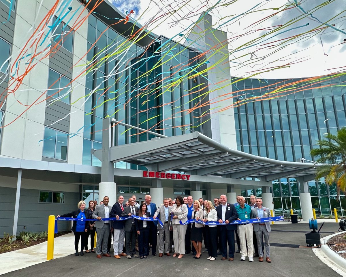 AdventHealthCFL's tweet photo. The ribbon has been cut at AdventHealth Palm Coast Parkway, which will open on Aug. 2. Team members and community leaders gathered to celebrate this milestone and explore the hospital's cutting-edge amenities, advanced medical technology, and compassionate healing environment. https://t.co/gV1PNwys4M