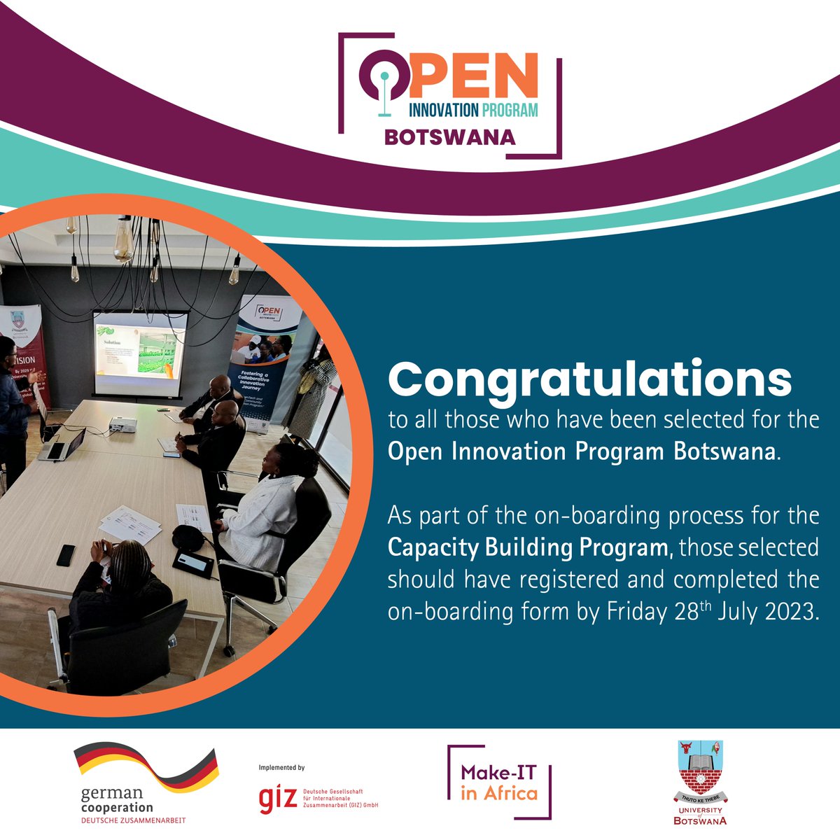 UBBotswana's tweet photo. Congratulations to all those who have been selected for the Open Innovation Program Botswana. Kindly be informed that the deadline for on-boarding registration is Friday 28th July 2023.
#capacitybuildingprogram #oipb #ubic https://t.co/ukmRZ7KdMz