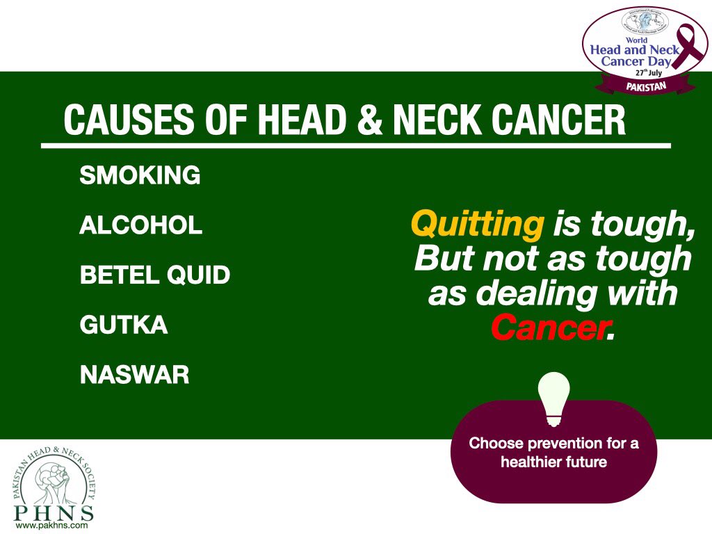 Rahim_surgeon's tweet photo. Head &amp; neck cancer is on rising trend in Pakistan! Main reason is tobacco use!

27th July marks the World Head &amp; Neck Cancer Day to create awareness and educate the public regarding the risk factors, causes, prevention &amp; early diagnosis.
#worldheadandneckcancerday #PHNS https://t.co/Qw7DF6zDtv