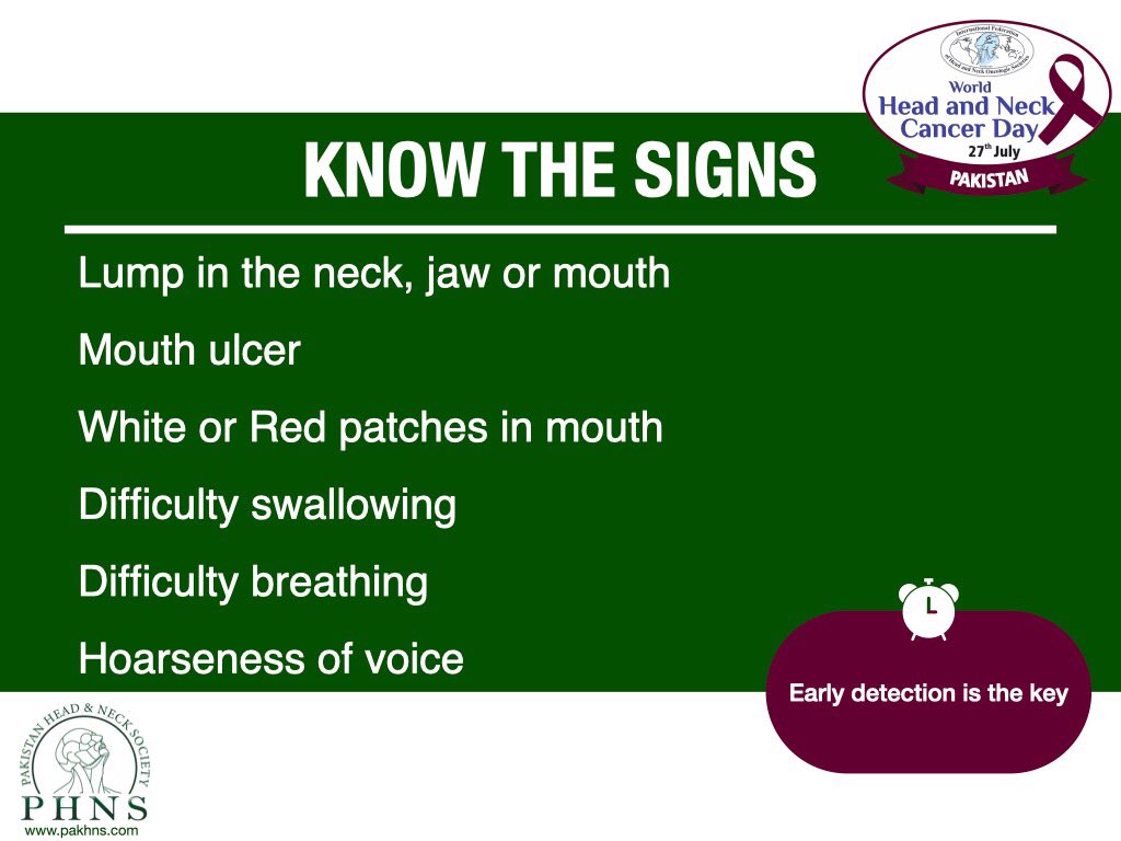 Rahim_surgeon's tweet photo. Head &amp; neck cancer is on rising trend in Pakistan! Main reason is tobacco use!

27th July marks the World Head &amp; Neck Cancer Day to create awareness and educate the public regarding the risk factors, causes, prevention &amp; early diagnosis.
#worldheadandneckcancerday #PHNS https://t.co/Qw7DF6zDtv