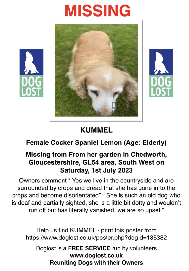 rosieDoc2's tweet photo. #SpanielHour 

THIS IS AWFUL, KÜMMELs OWNERS ARE SO SAD 
This elderly lady went missing from her garden 1/7/23 SURELY SOME1 HAS SEEN HER? ⬇️⬇️ 
#Chedworth SURROUNDED BY FIELDS/FARMS #GL54 
https://t.co/prVAoQFZAS

#lostdogslive 

@JacquiSaid @juliagarland73 @vee_essex @LisaLisaw1 https://t.co/h9RT1t7exN