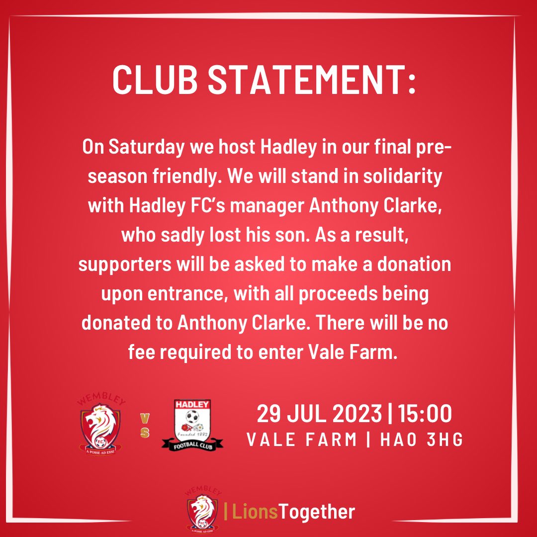 Club Statement regarding Saturday’s pre-season friendly, when we host @hadleyfc. 🦁 | #LionsTogether