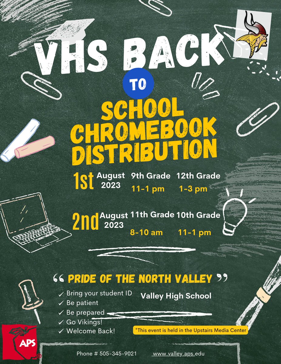 Valley High School (@vikingsvhs) on Twitter photo Get your Chromebooks! Please bring in your last year’s ID. See your specific time for your grade.
Welcome back, everyone! <a href="/ValleyHighScho6/">Valley High School Athletics</a> <a href="/EtFatVHS/">Engineering the Future @ Valley High School</a> Get your Chromebooks! Please bring in your last year’s ID. See your specific time for your grade.
Welcome back, everyone! <a href="/ValleyHighScho6/">Valley High School Athletics</a> <a href="/EtFatVHS/">Engineering the Future @ Valley High School</a>