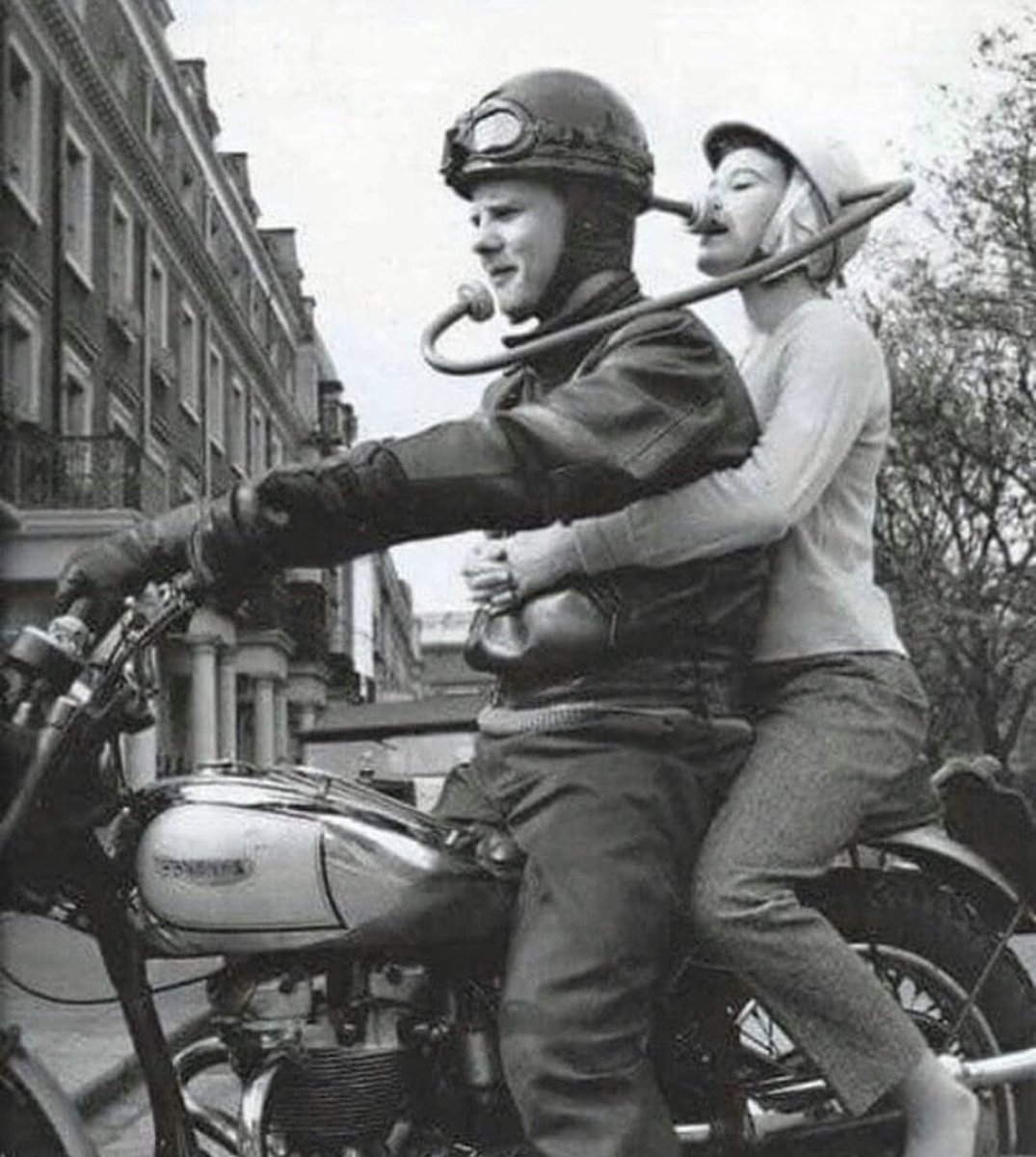 Helmet with a built-in device for the driver and backseat rider to communicate, 1960s