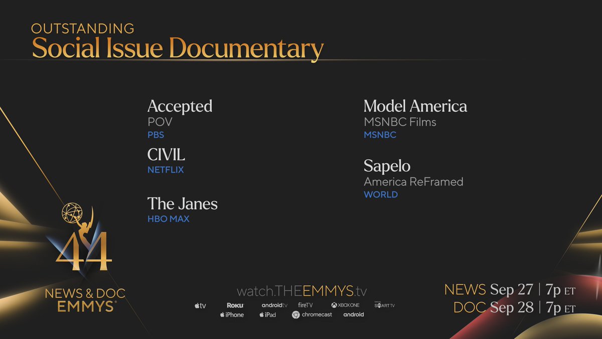 News & Documentary Emmys (@newsemmys) on Twitter photo The #NewsEmmys nominees in Outstanding Social Issue Documentary are <a href="/POVdocs/">POV on PBS</a>, <a href="/netflix/">Netflix</a>, <a href="/StreamOnMax/">Actually HBO Max</a>, <a href="/MSNBC/">MSNBC</a>, <a href="/americareframed/">America ReFramed</a> @WORLDChannel The #NewsEmmys nominees in Outstanding Social Issue Documentary are <a href="/POVdocs/">POV on PBS</a>, <a href="/netflix/">Netflix</a>, <a href="/StreamOnMax/">Actually HBO Max</a>, <a href="/MSNBC/">MSNBC</a>, <a href="/americareframed/">America ReFramed</a> @WORLDChannel