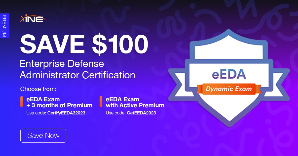 INEsecurity's tweet image. Save $100 on the Enterprise Administrator Certification AND get three free months of training. The deal ends soon, so move fast! bit.ly/3O7OcK7

#eEDA #networksecurity #BlueTeam #cybersecurity