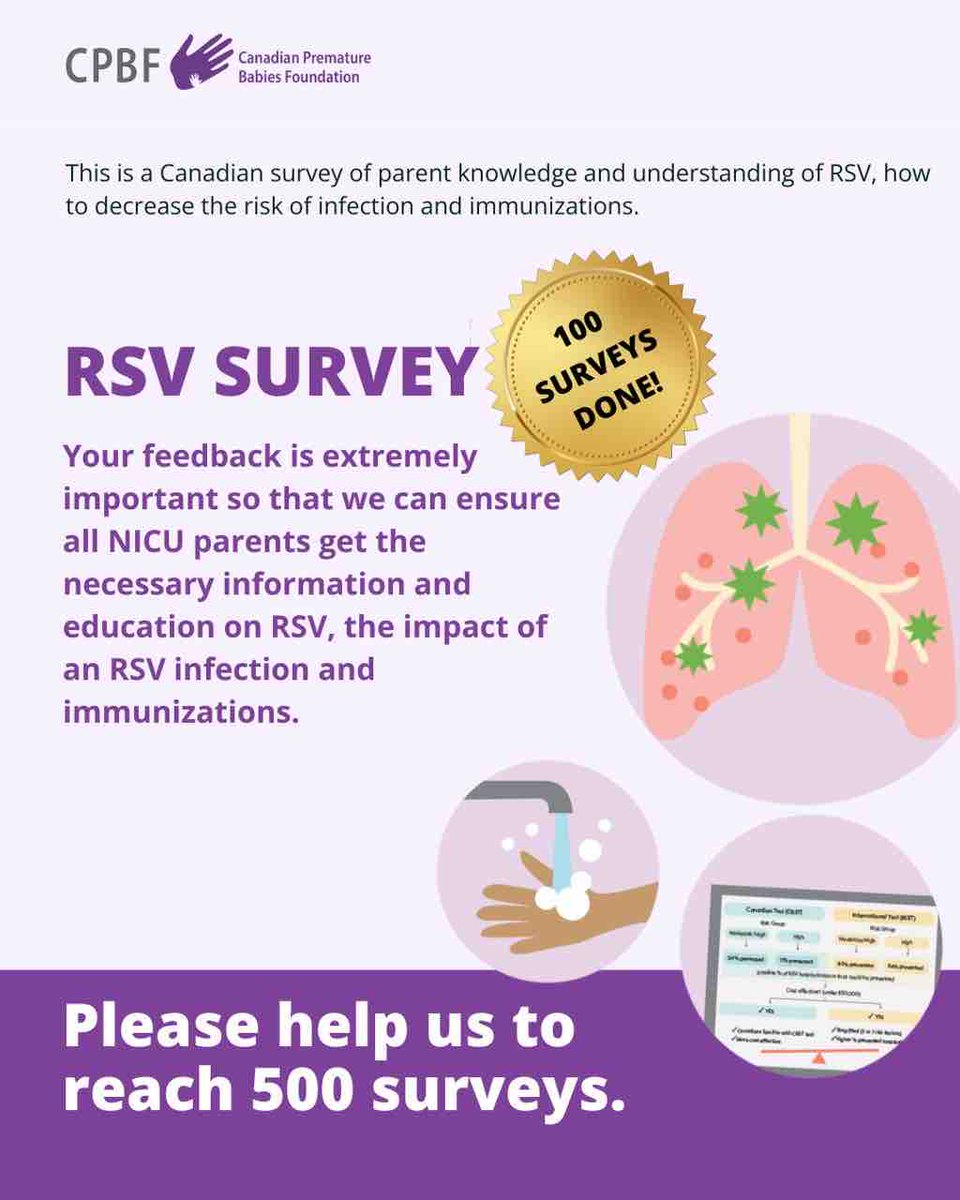 Dear Families,  
Canadian RSV SURVEY 🇨🇦 
Help us reach 500 surveys! If you are a parent of preterm or sick infant/child, please, share your knowledge on RSV, infection prevention, and immunizations
Participation is voluntary and confidential.

surveymonkey.com/r/CPBF2023
