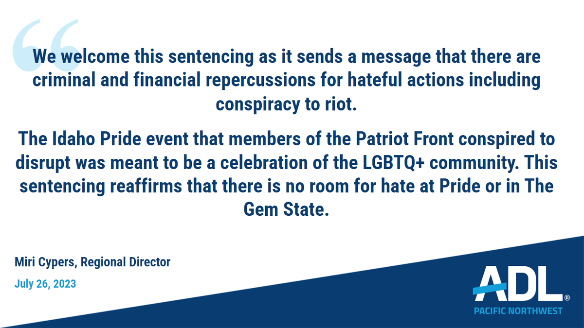 ADLPNW's tweet photo. A statement from ADL Pacific Northwest Regional Director @MCypers on the sentencing of members of the white nationalist hate group Patriot Front. Read more on the incident here: https://t.co/yU7trlKsNQ https://t.co/Z3RdoeYGwk