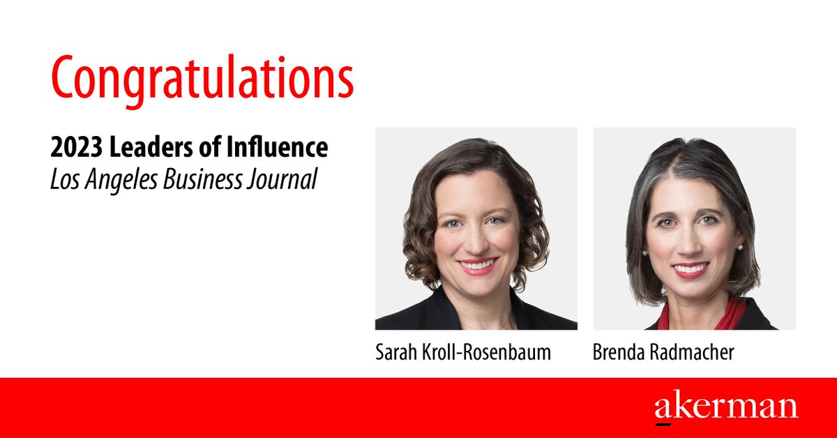 Akerman_Law's tweet photo. Congrats to Akerman litigation partners Sarah Kroll-Rosenbaum and Brenda Radmacher for being named to the @LABJnews's 2023 Leaders of Influence list.
https://t.co/wsjkNZlhB6
#losangeleslawyer #litigationpartner https://t.co/oeD3cAwMB8