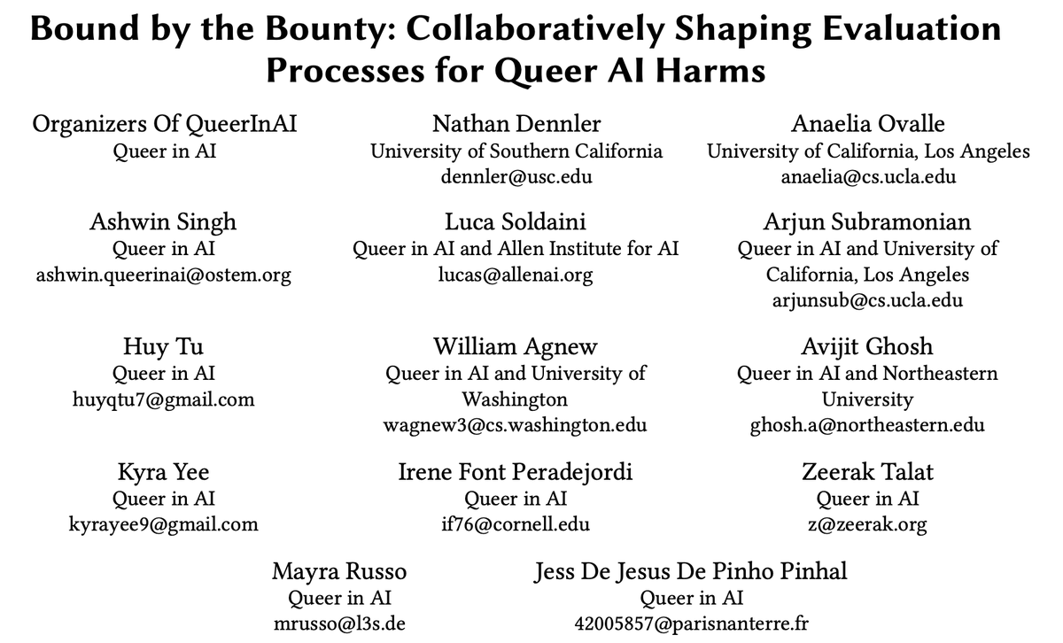 1/5: 📢Excited to share that our paper “Bound by the Bounty: Collaboratively Shaping Evaluation Processes for Queer AI Harms” (arxiv.org/abs/2307.10223) will be presented at @AIESConf 2023! Thread below: