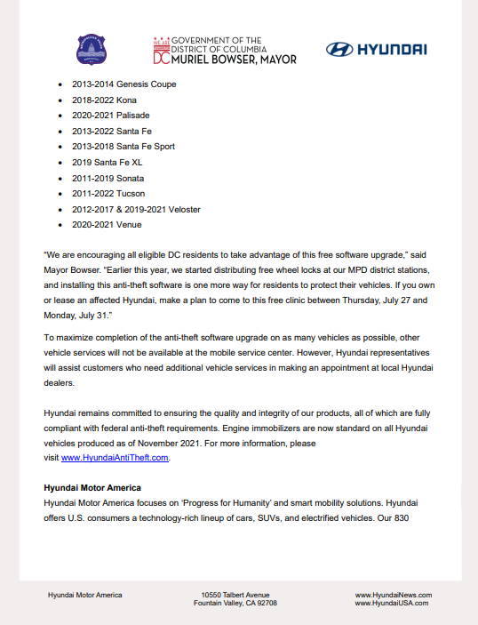 mcpnews's tweet photo. Hyundai Motor America &amp; @DCPoliceDept are providing a mobile service center at RFK Stadium from July 27-31. Any Hyundai owner, w/ an eligible affected vehicle, can have the free Hyundai anti-theft software installed. You don't have to be a D.C. resident to participate!

#MCPNews https://t.co/2wb6iz0gMP