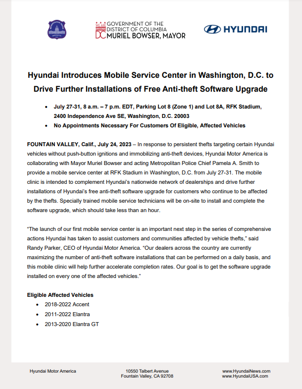 mcpnews's tweet photo. Hyundai Motor America &amp; @DCPoliceDept are providing a mobile service center at RFK Stadium from July 27-31. Any Hyundai owner, w/ an eligible affected vehicle, can have the free Hyundai anti-theft software installed. You don't have to be a D.C. resident to participate!

#MCPNews https://t.co/2wb6iz0gMP