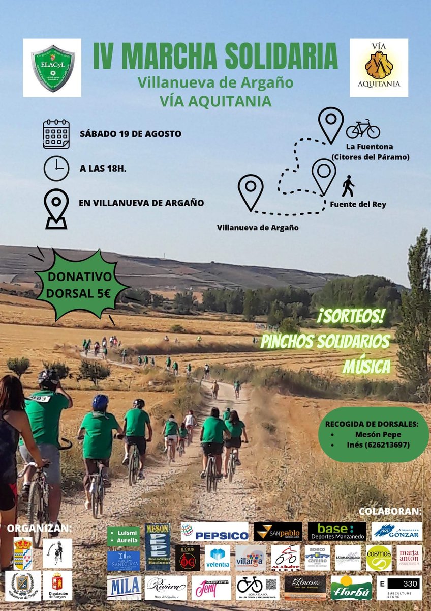 ViaAquitania's tweet photo. El sábado 19 de agosto desde las 18.00 horas, la #VíaAquitania en colaboración con #princessbikes, acogerá una marcha a pie y en bici con un fin solidario a beneficio de  #elacyl, desde Villanueva de Argaño hasta #LaFuentona de #CitoresDelPáramo. 
Te esperamos https://t.co/65p7fsm5UH
