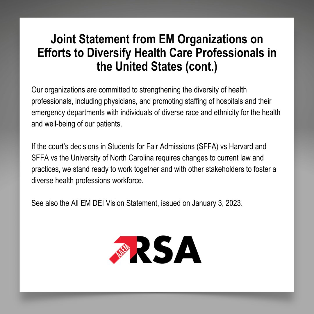 Read the recent joint statement from #EmergencyMedicine organizations, including AAEM/RSA, on efforts to diversify health care professionals in the United States.

@AAEMinfo <a href="/ABEMCert/">American Board of Emergency Medicine (ABEM)</a> @ACEPNow <a href="/CORD_EM/">CORD</a> <a href="/emresidents/">emresidents</a> <a href="/SAEMonline/">SAEM</a> <a href="/SAEM_RAMS/">SAEM RAMS</a> #MedTwitter