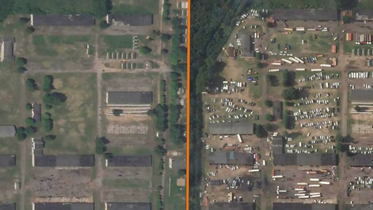 Hajun_BY's tweet photo. .@svaboda received a fresh satellite image of the Wagner tent camp in Tsel village, taken by @planet at 8:12 on July 25, and compared it with the image of July 10. 
Journalists managed to count 754 pieces of equipment in the fresh image.
1/3 https://t.co/DmwEa5KPSM