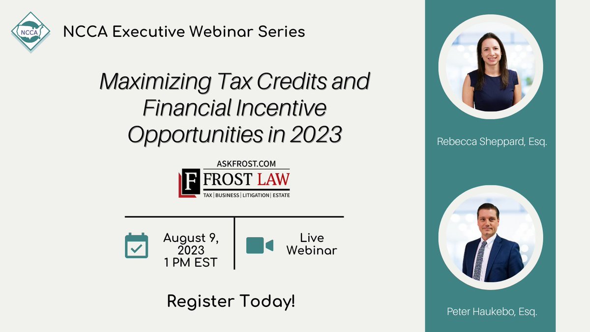 NationalChild's tweet photo. Join NCCA and @IRSTaxIssues, as they spill the beans on high-value credits &amp; more. Don't leave money on the table! Register today - https://t.co/yqMjnkRM8a
#WebinarWednesday #AskFrostLaw #MaximizeProfits https://t.co/ErAOGWvDjn