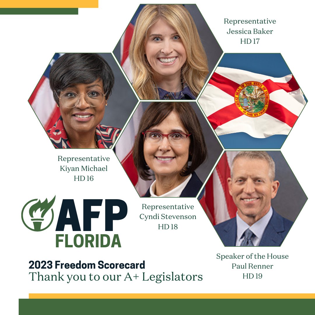 AFPFlorida's tweet photo. Thank you, Florida State Representatives Kiyan Michael, Jessica Baker, Cyndi Stevenson, and Speaker Paul Renner for being A+ champions during the transformative 2023 Legislative Session! They are strong advocates for freedom in Florida. #2023session #afpfl #floridascorecard https://t.co/ALqJk7x62k