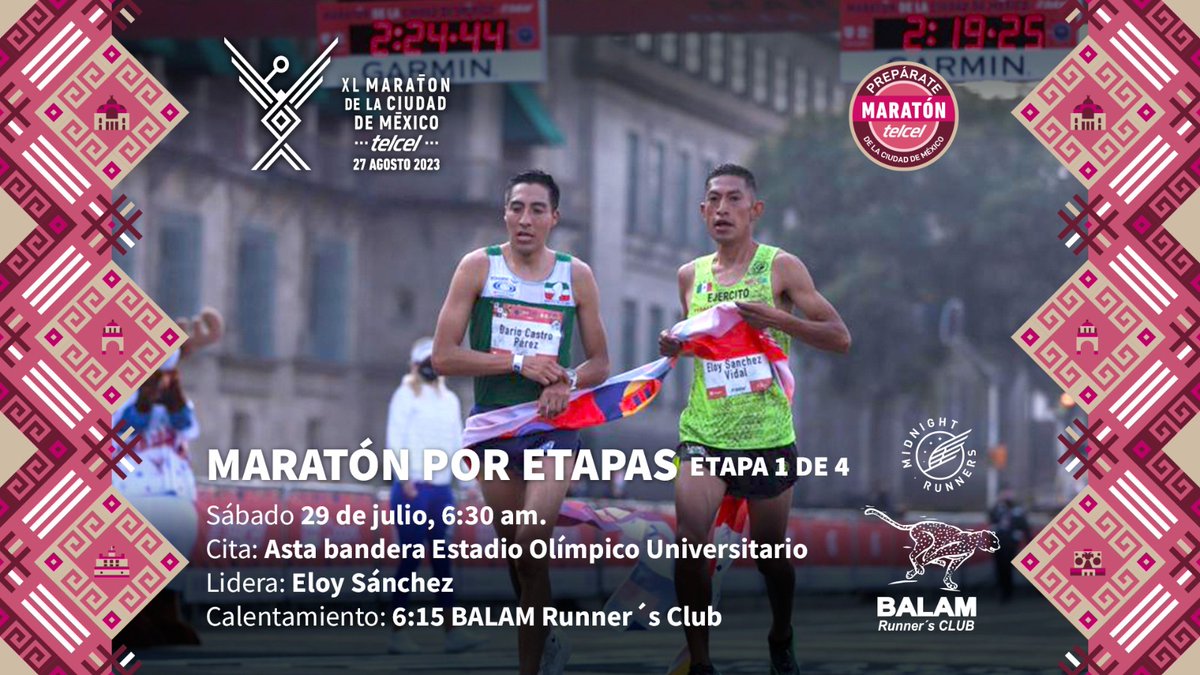 ¡Estos primeros 11 km del Maratón por etapas estará encabezado por Eloy Sánchez, segundo lugar del #MaratónCDMXTelcel 2021! 😎

🗓️ Sábado 29 de julio
⏰ 6:30 am
📍 Astas bandera frente al Estadio Olímpico Universitario.