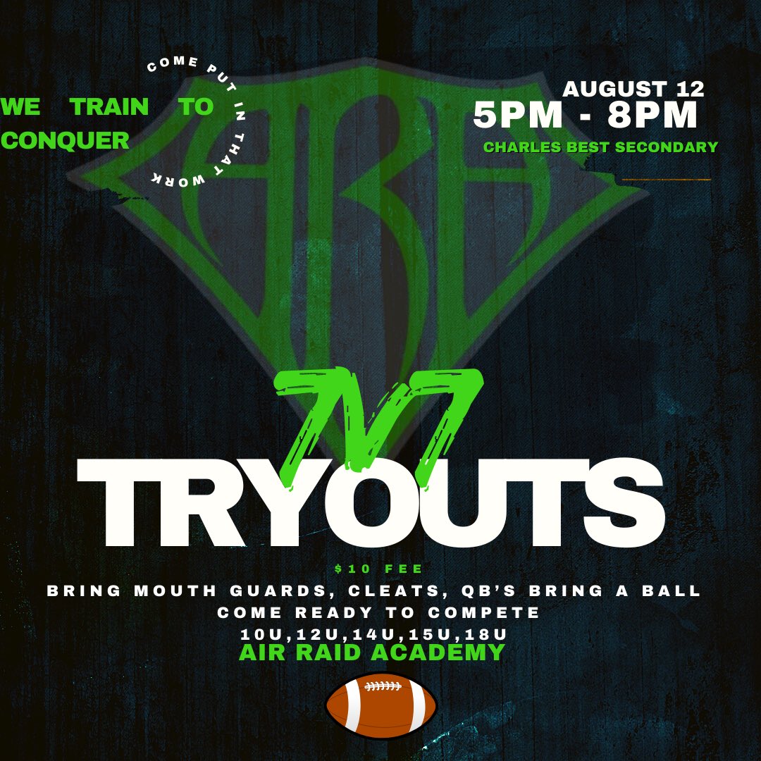 Here we go try outs for the 2024 Air Raid Academy 7v7  team is august 12. Sign up via the website Araathletics.com