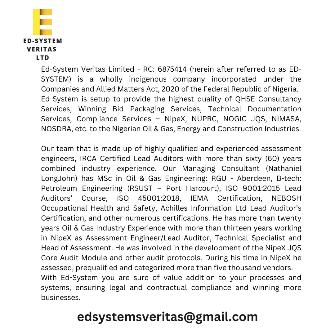 edsystemveritas's tweet photo. Introducing Ed-System Veritas Limited #oilandgas #bidding #tendering #manpowersupply #training #NipeX #NUPRC #NOGICJQS #REGULATORYCOMPLIANCE #NCDMB #ISO9001 #HSE #inspection #RiskManagement #projectmanagement https://t.co/nUtz3bSrZG