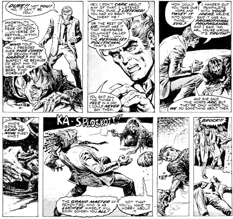 MarvelADay's tweet image. #MarvelADay #VT5 We have our Scooby-Doo ending! It was the skeevy politician Duke Mannery beneath the mask. Duke reveals that the head of Demon-Fire is none other than Lucifer himself! And with a Ka-Splockott, that's the end of Brock. - VA