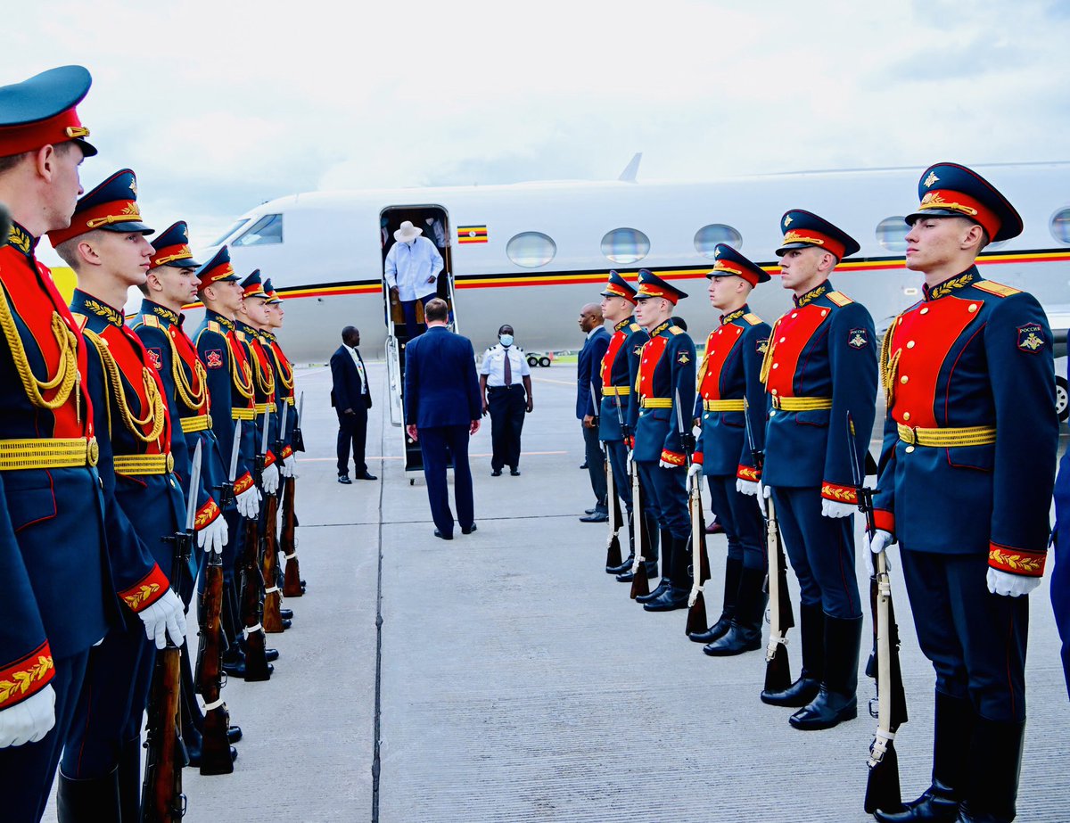 KagutaNzeire's tweet photo. President @KagutaMuseveni along with the Senior Presidential Adviser For Special Operations-Office Of The President @mkainerugaba safely arrived at @PulkovoAirport Saint Petersburg, Russia for the two-day Second #RussiaAfrican summit taking place from July 27th to 28th, 2023. https://t.co/mapydiayo4