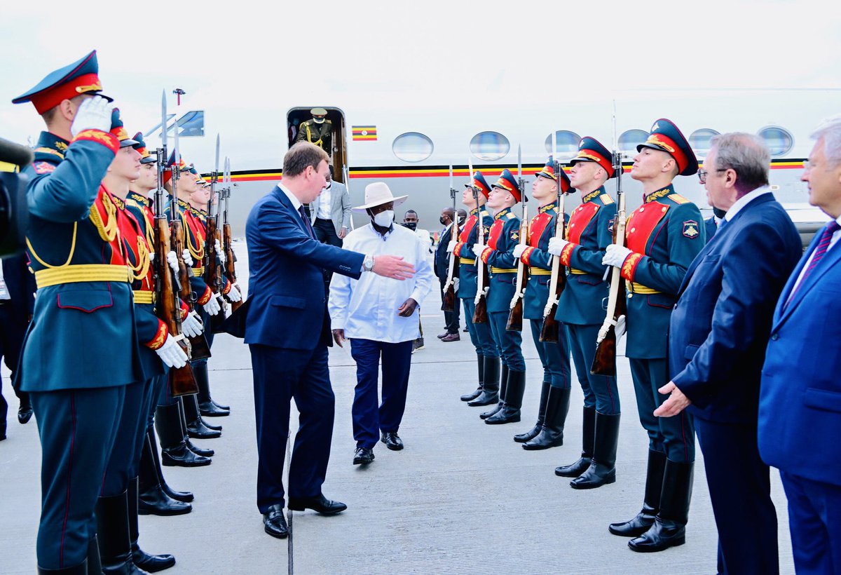 KagutaNzeire's tweet photo. President @KagutaMuseveni along with the Senior Presidential Adviser For Special Operations-Office Of The President @mkainerugaba safely arrived at @PulkovoAirport Saint Petersburg, Russia for the two-day Second #RussiaAfrican summit taking place from July 27th to 28th, 2023. https://t.co/mapydiayo4