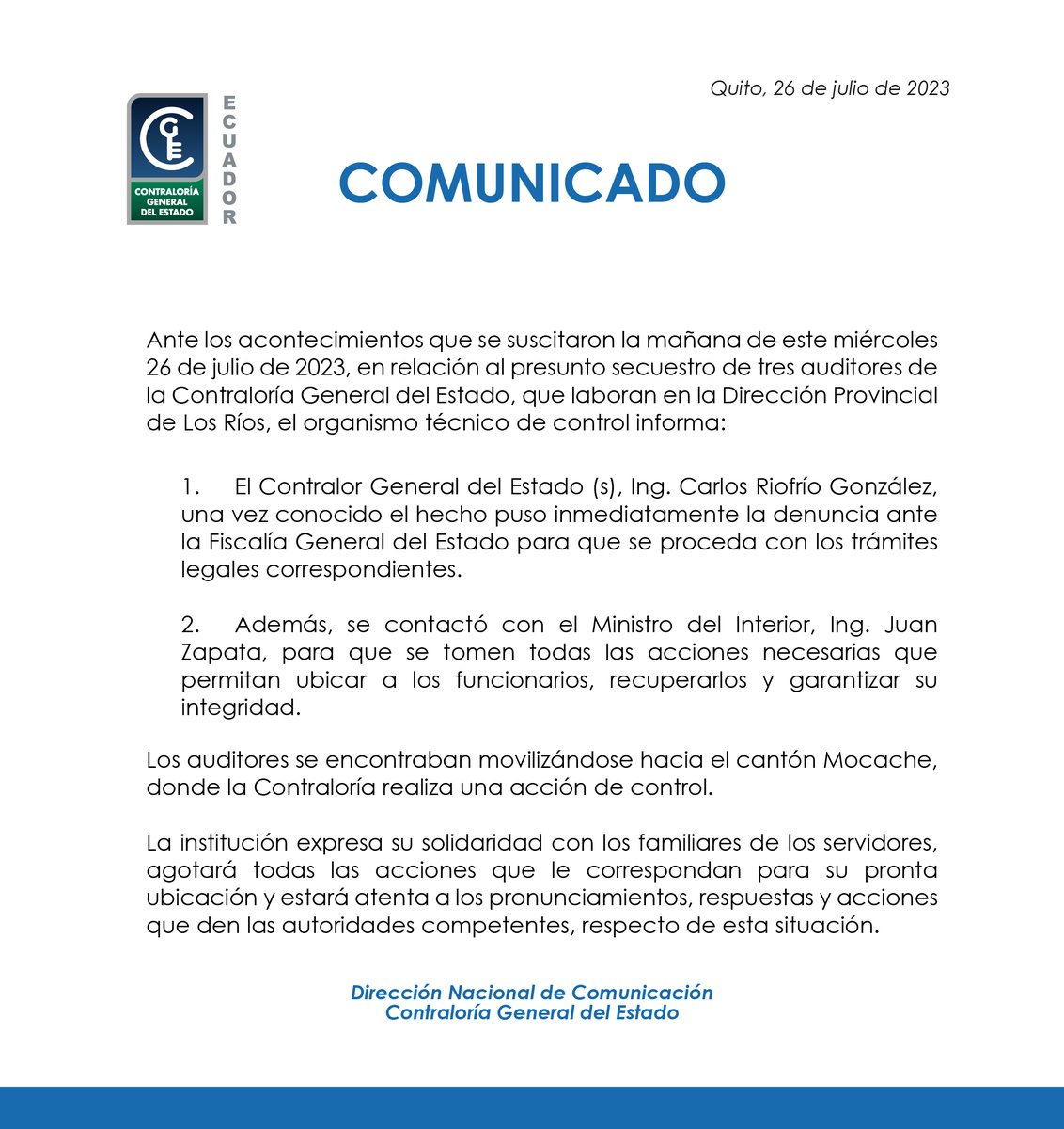 ContraloriaECU's tweet photo. #Comunicado #CGE #Urgente #Babahoyo https://t.co/5k1tnXrp9i