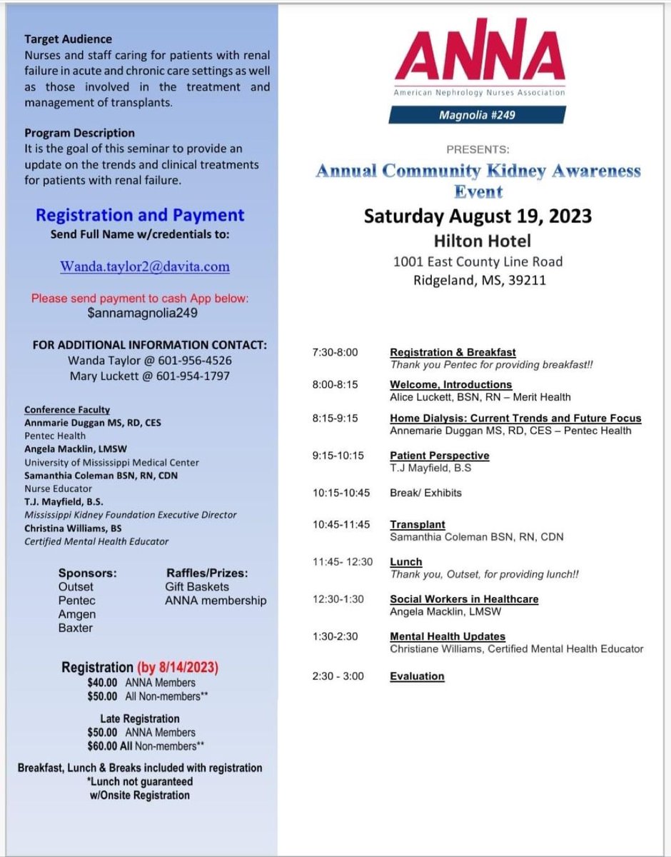 kidneyms's tweet photo. Thank you to the American Nephrology Nurses Association Magnolia Chapter #249 for inviting our Executive Director to speak at their Annual Community Kidney Awareness Event. Mr. Mayfield will speak from the patient's perspective at 9:15 AM. https://t.co/tErE5iaUC3