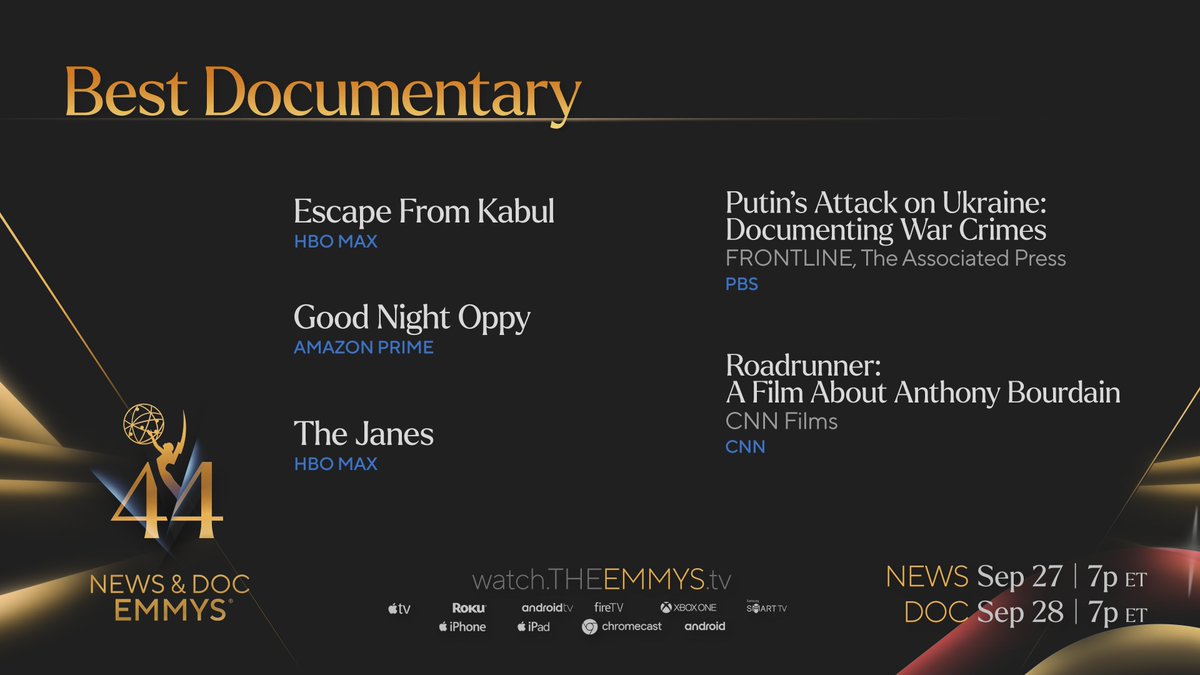 newsemmys's tweet photo. The #NewsEmmys nominees in Best Documentary are @StreamOnMax, @PrimeVideo, @frontlinepbs, @CNNFilms, @CNN https://t.co/ev45KEo7mV