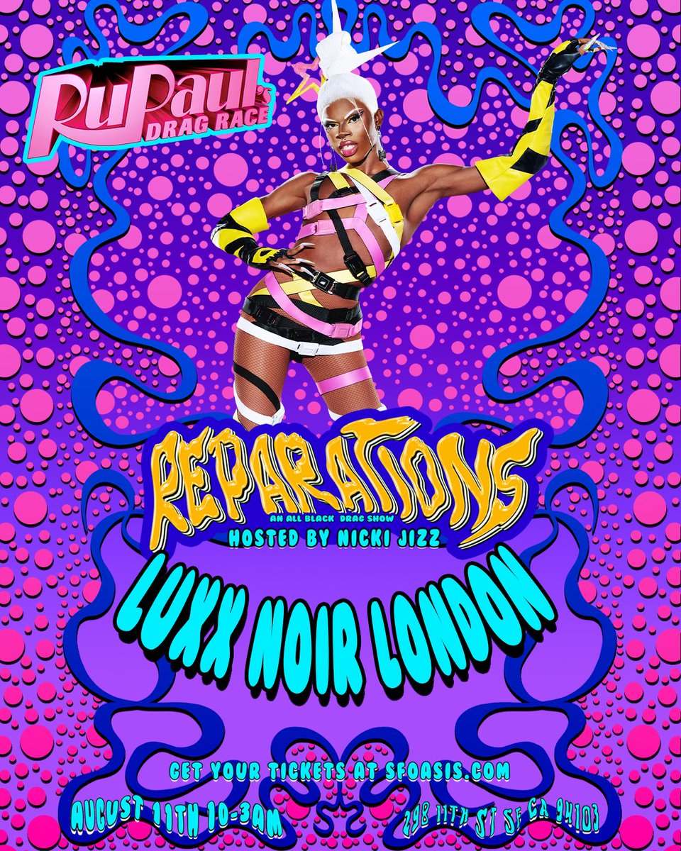 NickiJizz's tweet photo. Gagged them a bit, FOR SURE!
Reparations w/ @luxxnoirlondon!
Friday Aug 11th at @sfoasis!
Featuring an all Black cast, all Black excellence!
Hosted by Drag Queen of the year @NickiJizz!
get your tickets now for the gag of the summer!
https://t.co/Nxyxt8NDWi https://t.co/MfrmQt296b