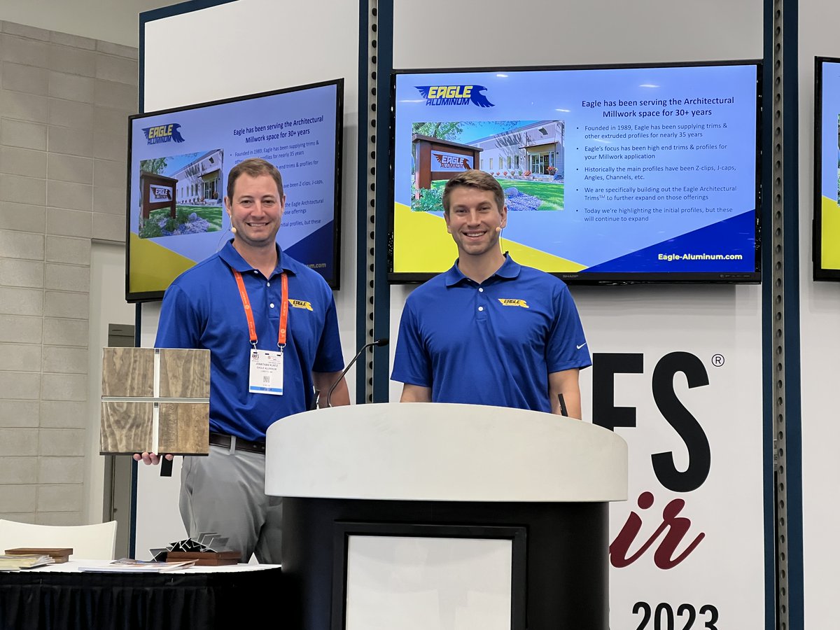 EagleAluminum's tweet image. Jonathan and Tom took the stage to unveil Eagle Aluminum's newest pride: Architectural Trims and Reveals! 💎 Make sure to stop by our booth 2912 at the @AWFSFair to learn more and hear from the experts themselves! 👋🏼

#AWFSFair #AWFSFair23  #AWFS