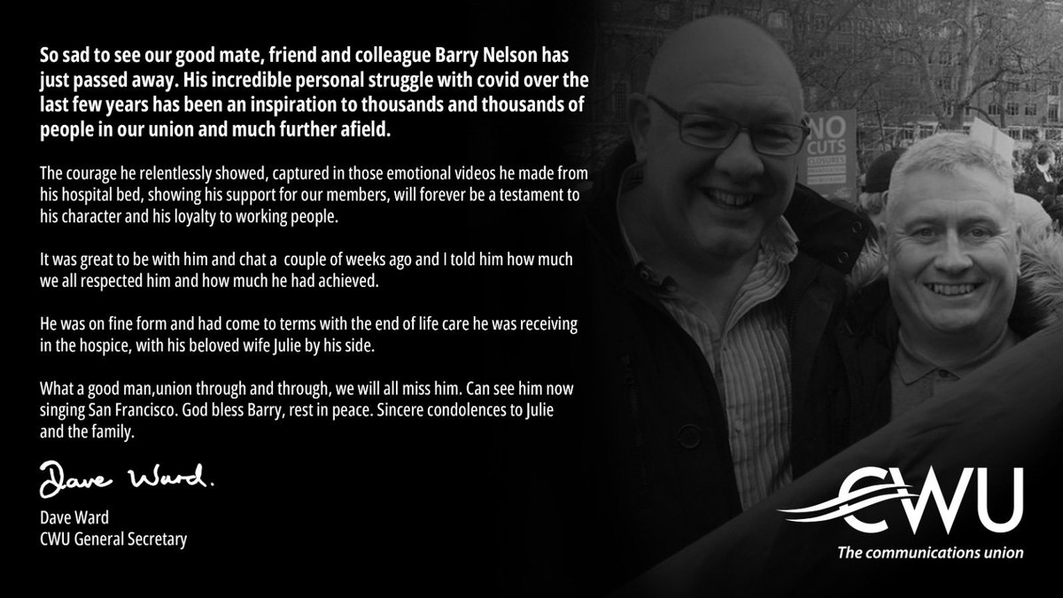 A message from our general secretary <a href="/DaveWardGS/">Dave Ward</a> on the passing of a true CWU legend, Barry Nelson. 

You will be so missed.